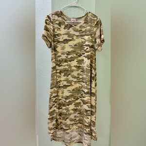 LuLaRoe Carly Yellow Camouflage Tee Dress, Rare find.